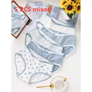 5 PCS Ladies Cute Sweet Printed Triangle Middle Waist Breathable Blue Underwear