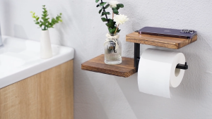 Wood Toilet Paper Holder with Shelf Wall Mounted Bathroom Shelf Rack Wall Tissue Holder with Phone Holder Bathroom Organizer