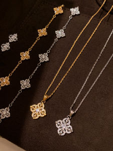 CAFFTI | Golden Silver Long Necklace Four-Leaf Clover and Iris Jewelry