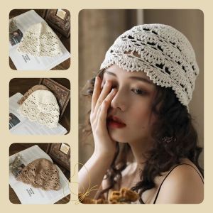 Hand-Knitted Flower Hollow Thin Cap Spring and Summer Lace Breathable Kerchief Crochet Toe Cotton Thread Hat Female