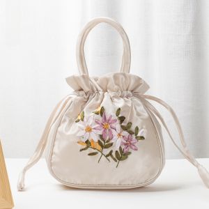 Hand Embroidered Small Handbag Ethnic Style Shopping Spree Coin Phone Womens Bag Moms Handheld Bag Soft Nylon Bucket Bag