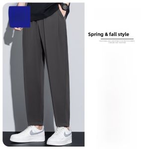 ROMON | Lormen Ice Silk Mens Casual Pants Summer Thin Loose Straight Leg Nine Points Small West Pants Draping Quick Dry Long Trousers