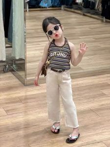 Bộ Đồ Hai Mảnh Thời Trang Thường Ngày Cho Bé Gái Mùa Hè 2024 Bộ Đồ Cotton Có Dây Đeo Cổ Co Giãn Viền Lông Cừu Quần Ống Loe Màu Trắng