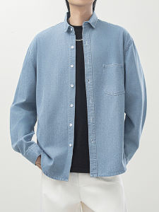 เสื้อเชิ้ตยีนส์สีน้ำเงินสำหรับผู้ชาย ทรงหลวม ทรงลำลอง สไตล์ย้อนยุค สีสันสดใส ฤดูใบไม้ร่วง คอปกปิด แขนยาว