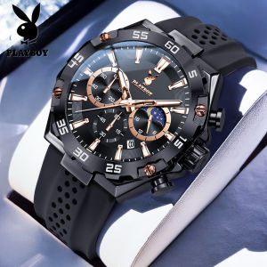 PLAYBOY Jam Tanggan Lelaki Waterproof Original Sports Casual Fashion Watches Silicone Strap Luminous Calendar Chronograph Watch Men