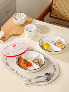 Ceramic Three-Grid Deep Plates 211 Compartment Fat Reduction Plate For Home Weight Loss Tableware Quantitative Plate Adult Lunch Box with Lid