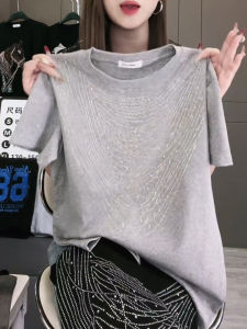 Elegant Grey Diamond Embedded Short Sleeve T-Shirt Womens Fashionable Slimming Half Sleeve Trendy Commute Style Summer Top
