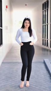 กางเกงสกินนี่ รุ่นกระเป๋าหน้า+หลัง (ผ้าหนา) กางเกงยืดหยุ่น เอวสูง ขายาว สีดำ กางเกงขายาวผู้หญิง กางเกงแฟชั่นใหม่