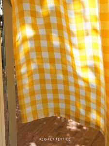 Double-Sided Vintage Cute Room Divider Curtain Yellow Grid Pole-Thru Style Half Curtain Transparent Not Private Fabric Door Curtain