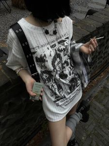 Loose Short Sleeve American Punk Subculture Print T-Shirt Womens Summer New Style Comfortable Knitted Top by Shu Zi Yi