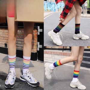 Rainbow Socks for Women Fall and Winter Medium Stockings Trendy Ins Color Striped Minimalist Socks K-style Easiest for Match Fashion High Socks Men