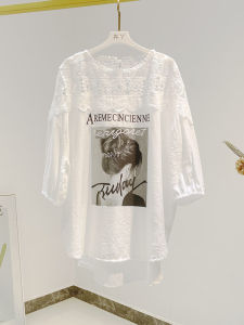 Lace Patchwork Tencel Cotton Half Sleeve T-Shirt Womens European Goods New Arrival Slim Looking Tummy Hiding Loose Mid Length Long Length Large Shirt Summer
