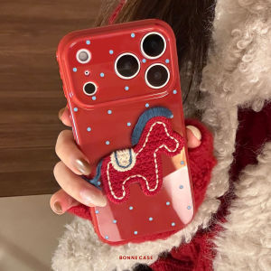 Potdemiel | 2026 Korean Polka Dots 3D Cartoon Embroidery Horse Pony Phone Case For iPhone 17 16 15 14 13 12 Pro Max Shockproof Soft Cover