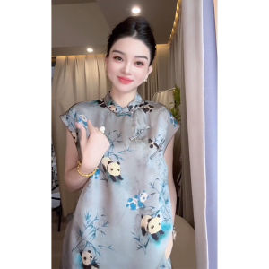 New Chinese Style Womens Satin Sleeveless Dress Panda Print Summer 2025 Fashion Unique Design Mid-length Stand Collar Midi Dress