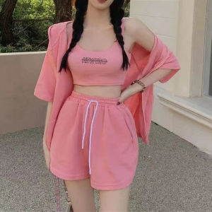 Casual Sports Three-Piece Set for Women Summer Tank Top Wide-Leg Shorts Hoodie Fashionable Streetwear Polyester Fiber Pullover