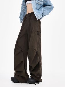 QIAOMIDUO | Autumn Winter American Retro Pleated Deep Coffee Color Work Pants Womens Tall Extended Slim Loose Wide Leg Casual Pants