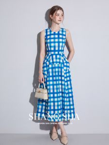 SHANGSHA | Vintage Sleeveless Autumn Elegant Checkered Waist-defining Dress