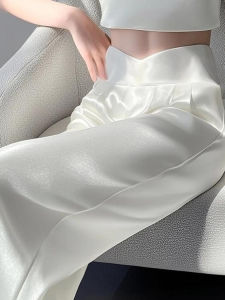 White Silk Narrow Wide Leg Pants High Waist Straight Casual Long Trousers Summer Cool Pants Comfortable Breathable Cargo Trousers