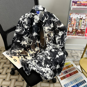 Retro Handsome Ink Painting Print Shirt Mens Short Sleeve Trendy Dark Loose Couple Leisure Hong Kong Style Tie-Dyed Shirt