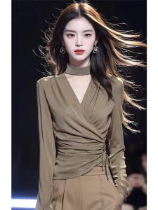 Elegant French Style Long Sleeve Shirt Womens Neck Hanging V-Neck Slim Fit High Collar Unique Beautiful Top for Spring