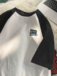 Loose Fit Mens Short Sleeve T-Shirt Shoulder Insert Pure Cotton Summer Fashion Student Five-Quarter Sleeve Printed round Neck