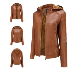 WuChu 2024 Womens Leather Jacket Winter Coats Female Clothing Autumn Hooded Fleece Warm Leather Outwear With Side Pocket
