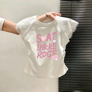 Cute Cats Letter Printed Lace Trimmed Cotton T-Shirt Girls