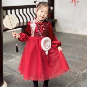 NextElsa Girls Cheongsam Birthday Dress Festive Red Velvet Innerlined Chinese Style Childrens Traditional New Year Outfit