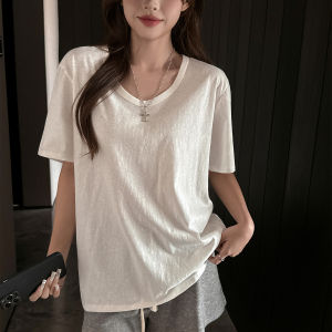 MIANXIANZHI | Loose Half Sleeve V-Neck T-Shirt Women Summer Ice Silk Base Shirt Top White Loose Feeling Short Sleeve Body T-Shirt Commute Style