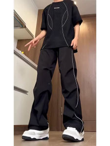 กางเกงกีฬาลำลองชายแห้งเร็วสไตล์อเมริกัน กางเกงขายาวทรงตรงลายทาง กางเกงกีฬาลำลอง แบรนด์แฟชั่นสำหรับฤดูร้อน