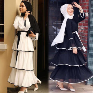 Muslim Women Dress Elegant Long Sleeved Dress Muslim Chiffon Abaya Maxi Dress