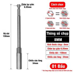 Khẩu Chụp Bulong Sâu Lòng Dài 150mm Bắn Vít Vặn Ốc TUOSEN Chân Lục Giác Các Kích Cỡ Bán Lẻ Size