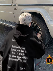 เสื้อสเวตเตอร์ฮู้ดผ้าฝ้ายแท้สไตล์อเมริกัน สำหรับนักเรียน สำหรับทั้งชายและหญิง ฤดูใบไม้ผลิ ฤดูใบไม้ร่วง ฤดูหนาว สีดำ ทรงหลวม เสื้อคลุมกันหนาว