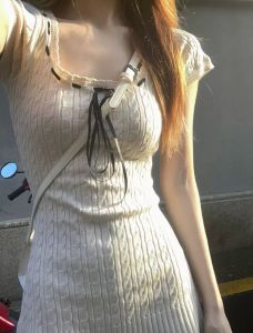 Casual Party U-neck Tie-strap Knitted Dress Womens Summer A-line Waist Short Skirt