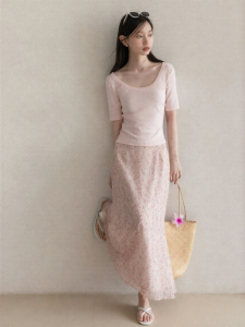 Cantonstory | French Elegance Pink Floral High Waist A-line Mid-length Skirt