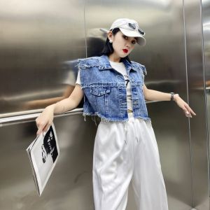 Korean Style Irregular Design Denim Vest Women Summer Short Sleeve Loose Trendy Polo Collar Button up Pure Color Commute