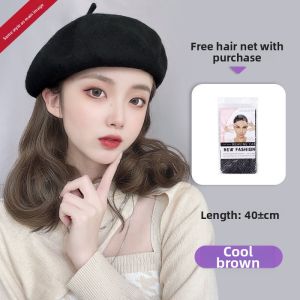HUALUOLAN | Youthful Long Curly Full Head Cover Beret Wig Cap