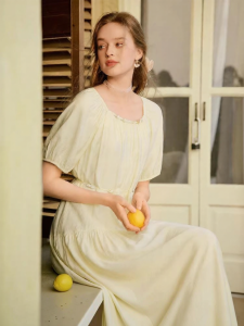 XIANGYING | French Style Puff Sleeve A-line Dress with U-neck for Summer Resort