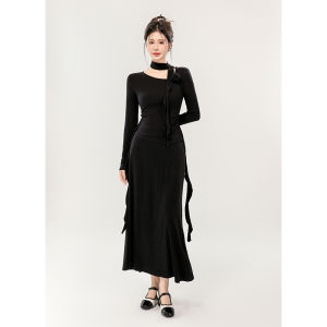 French Style High Waist Slim Fit Long Sleeve Asymmetrical Skirt Set Elegant Plant Floral Print Top with Gathered Waist