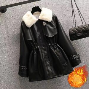 QIAOXIZI | Faux Fur Collar Jacket PU Leather Coat Womens Plus Size Winter Warm Fashion Outerwear