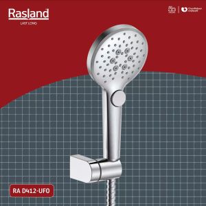 ชุดฝักบัวมือ ผลิตจาก ABS โครเมียมเงา เปลี่ยนระบบน้ำได้ 3 ระบบ ด้วยการกดปุ่ม และโดยการหมุนปุ่มเพื่อควบคุมให้น้ำแรงหรือเบาได้ มาพร้อมสายฝักบัวผลิตจากแสตนเลสขนาดความยาว 150 ซม. และขอแขวนปรับองศาได้ | RA D412-UFO