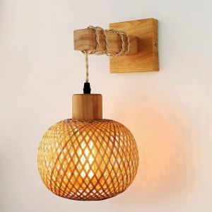 Bamboo Lantern Wall Lamp Natural Rattan Wicker E27 Led Chandeliers Sconce Hand-Woven Room Decor Lampshades Wall Light Fixtures
