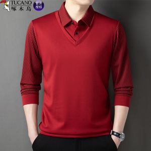 Woodpecker Áo Thun Nam Dài Tay Dáng Rộng Cotton Thoáng Khí Công Sở Sơ Mi Cho Trung Niên Với 3d Hiệu Ứng Ve Áo