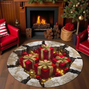 VIKAMA Christmas Round Rug 3D Illusion Stone Well Gnome Gift Box Holly Berry Wreath Non Slip Area Rug Living Room Holiday Decor