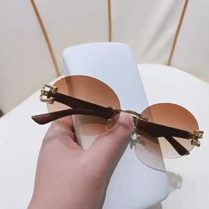 Couple Fashion Oval Rimless Sunglasses/Running Cheetah Embellished Sunglasses Personality Hip Hop Small Frame Sunglasses