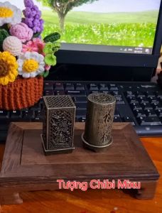 Lư đốt trầm hình trụ vuông Trúc Đào mini lò đốt xông trầm nhỏ bình đốt trầm hương bằng kim loại