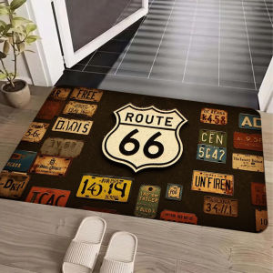 VIKAMA Vintage Route 66 License Plate Doormat Soft Short-Pile Imported Carpet Non-Slip Absorbent Bathroom Mat Home Decor