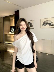 Áo Thun Hở Vai Hở Vai Dáng Rộng Mùa Hè Cho Nữ Thiết Kế Cổ Chéo Tay Ngắn Phong Cách Thường Ngày Chất Liệu Cotton Áo Thun Thoải Mái