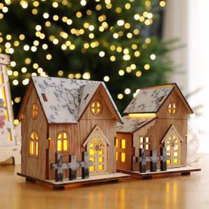 LED Wooden Christmas House Village Xmas Snow House DIY Wood Chalet Tree Decoration Christmas Table Centerpieces
