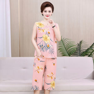 Bộ Hai Món Mùa Hè Nhân Tạo Cotton Vải Bông Quần Áo Nữ Dành Cho Các Bà Mẹ Từ 60-70 Tuổi Bà Nội Cotton Vải Bông Lụa Capri Quần